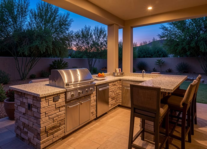 luxury outdoor kitchen Chandler AZ with built in grill and stone counters