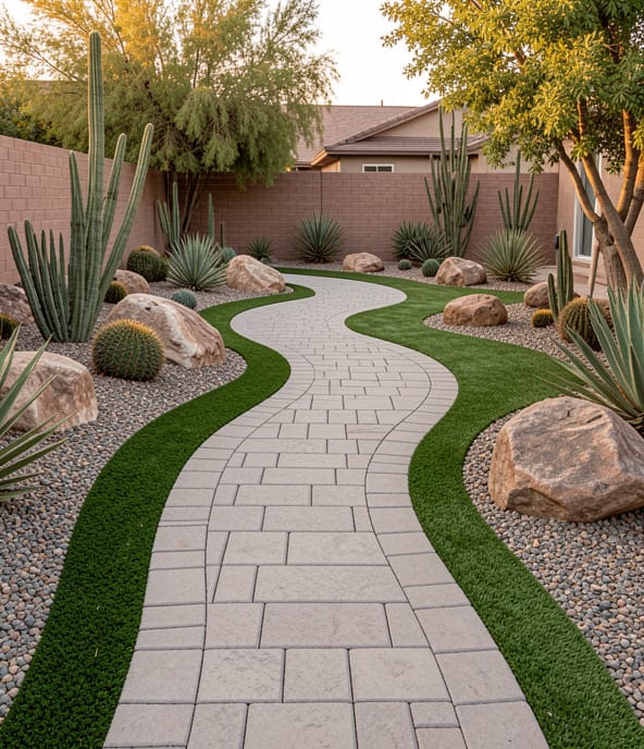 artificial turf and paver walkway Gilbert AZ landscaping project