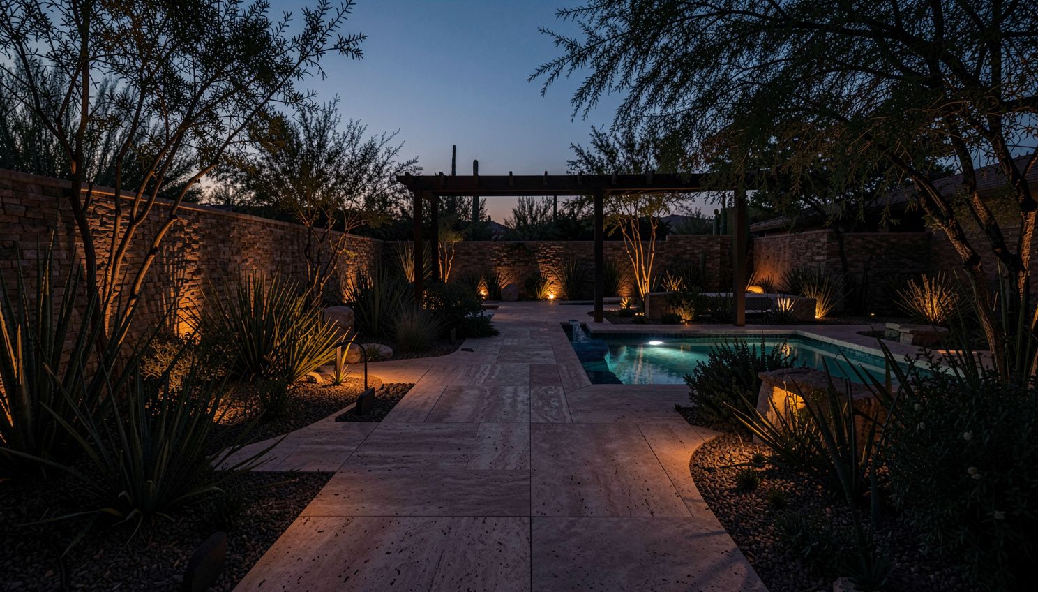 Luxury Arizona landscaped backyard at dusk