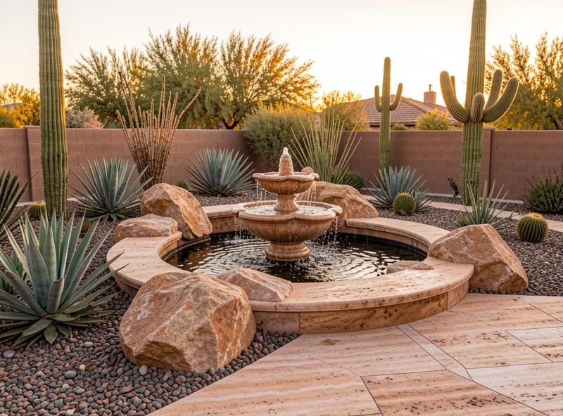 luxury desert landscaping Queen Creek AZ with water feature