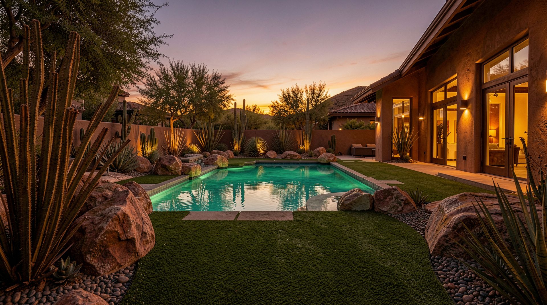 luxury backyard landscaping pool Chandler AZ with artificial turf and desert plants